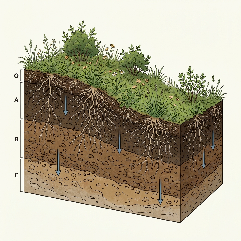 Cross-section of a vegetated loamy midslope showing steady downward water movement and balanced root moisture