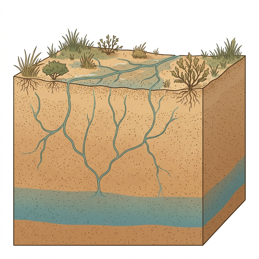 Cross-section of a sandy upland crest showing rapid downward water drainage and deep saturated water line