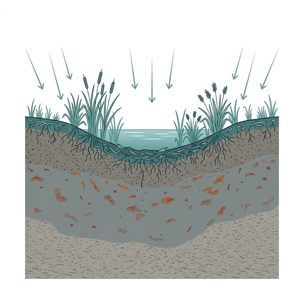 Cross-section of a low landscape depression showing shallow water table, temporary surface ponding, and gray mottles