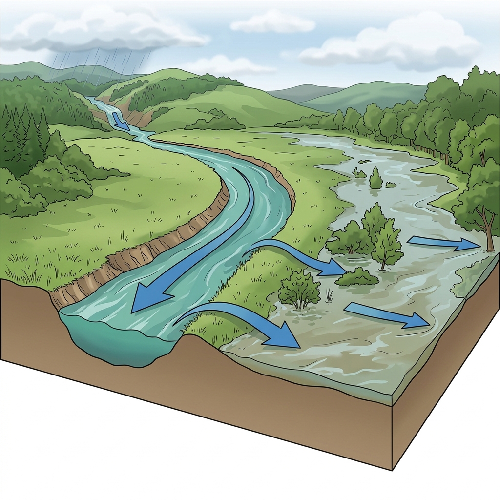 Landscape illustration showing stream water overtopping banks and moving laterally across an adjacent floodplain