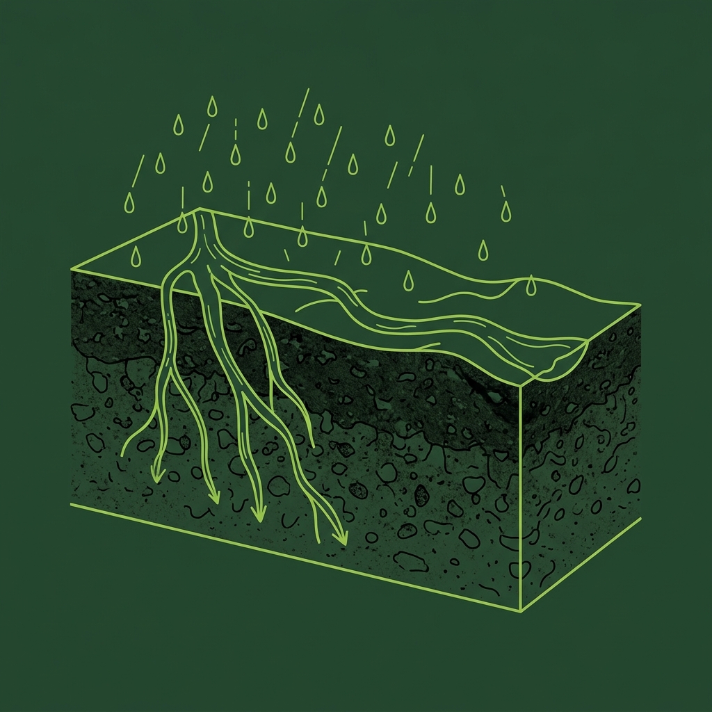 Cross-section of loamy soil under rainfall showing balanced downward entry and minor surface flow