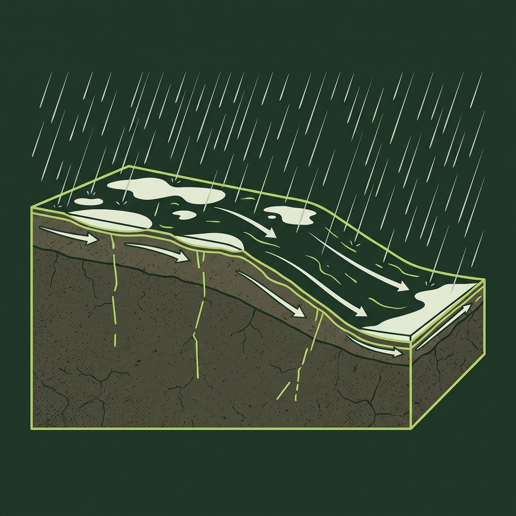 Cross-section of dense clay under heavy rain showing shallow pooling and prominent surface runoff arrows