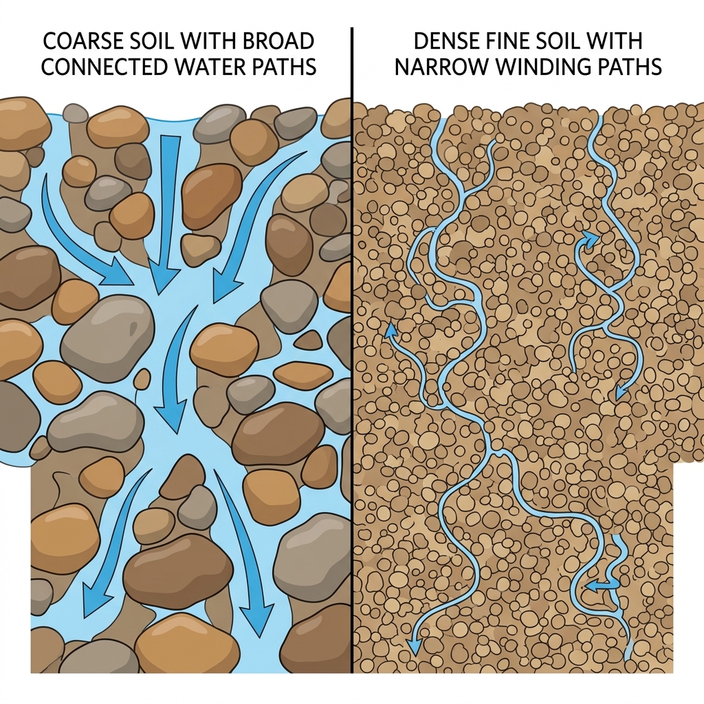 Split comparison showing coarse sand with wide water channels versus dense fine clay with narrow winding paths