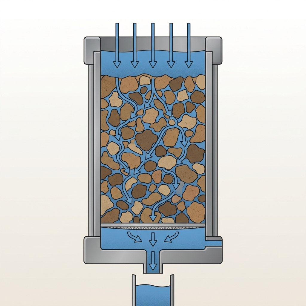 Illustration of a saturated cylindrical soil core showing downward vertical water flow through connected pore spaces