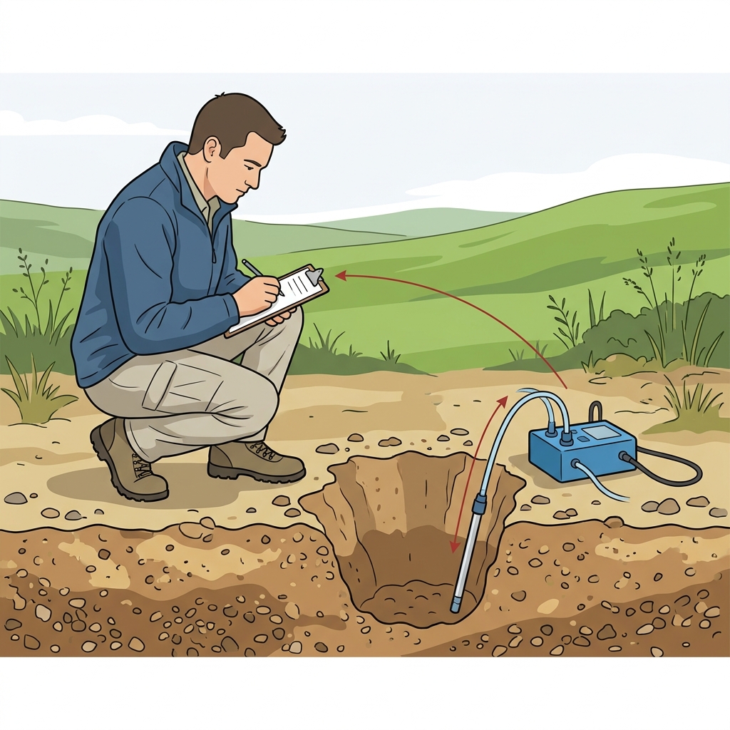 Field technician conducting a physical percolation test in an excavated test hole on a building parcel