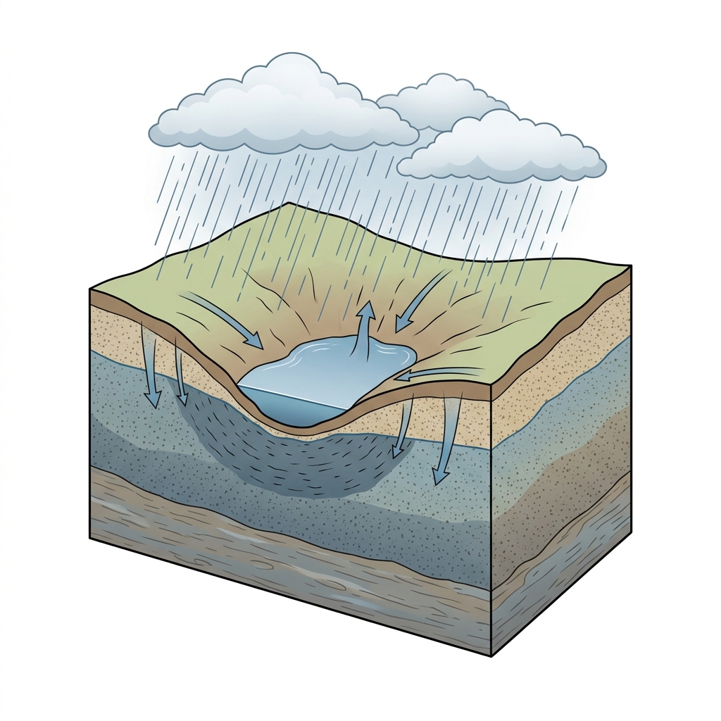 Landscape cutaway showing rainfall collecting in a closed surface depression above impermeable subsoil
