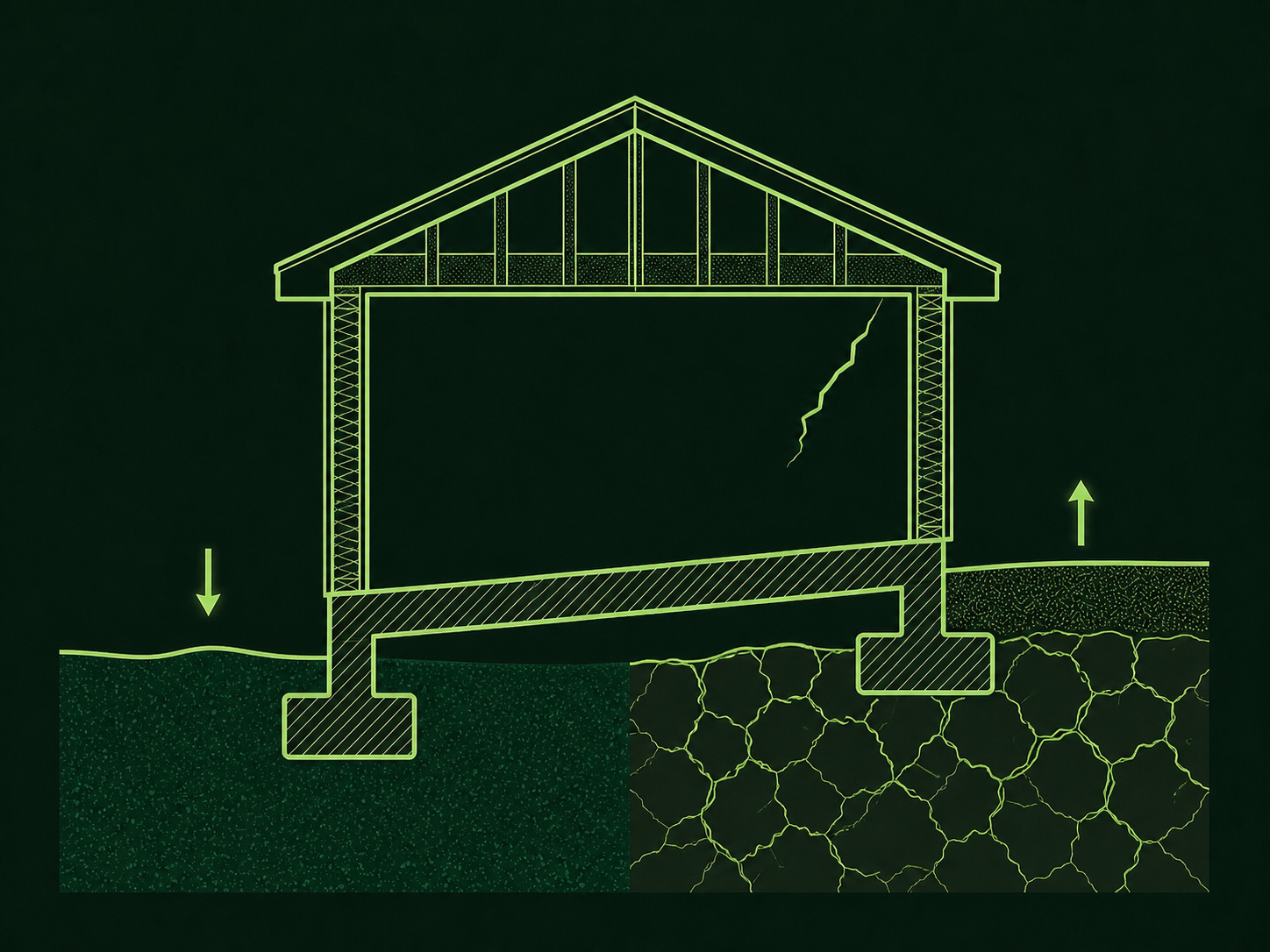 Cross-section illustrating soil movement around foundation footings during wetting cycles