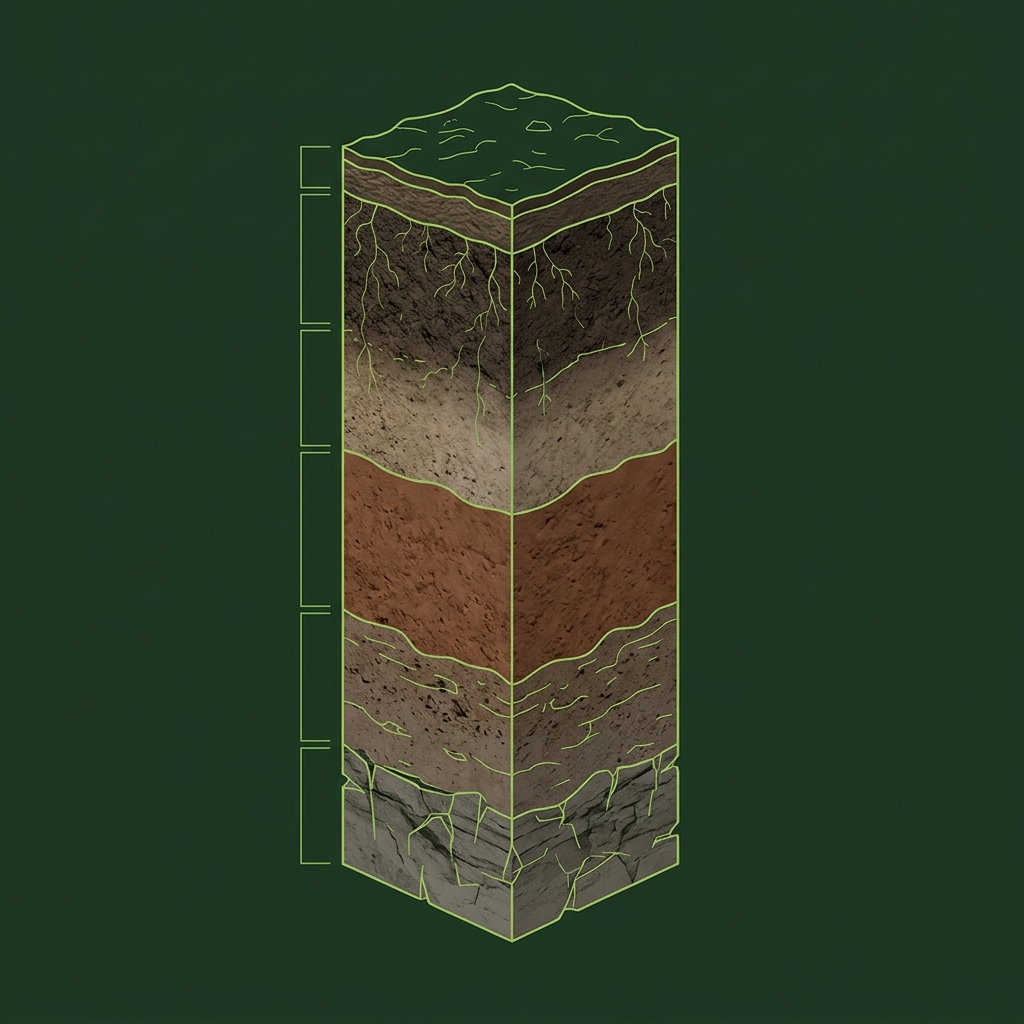 Complete vertical soil profile showing O, A, B, C, and R horizons resting on bedrock