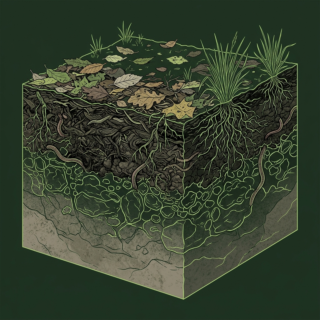 Cross-section of upper ground surface showing leaf litter, grass roots, and earthworms forming dark topsoil