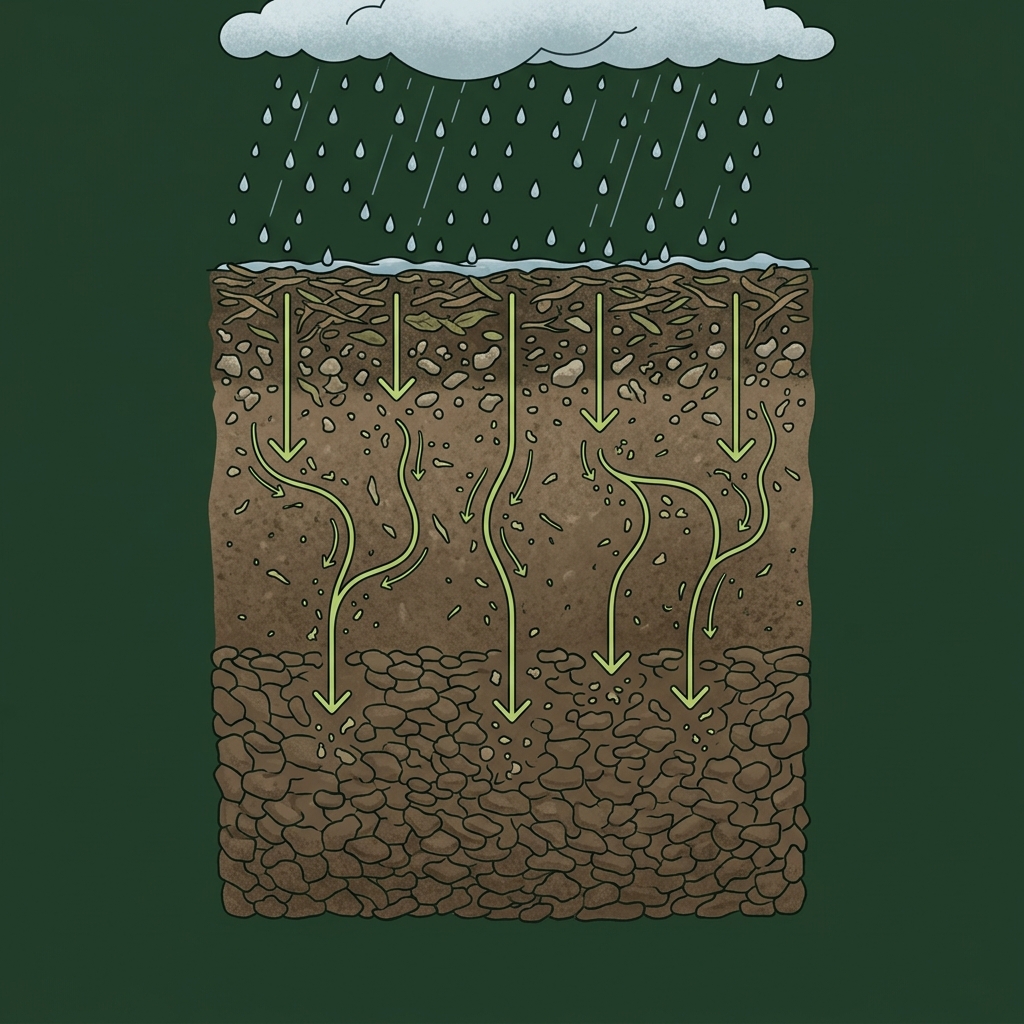Cross-section showing rainwater trickling down and carrying fine minerals into lower soil layers