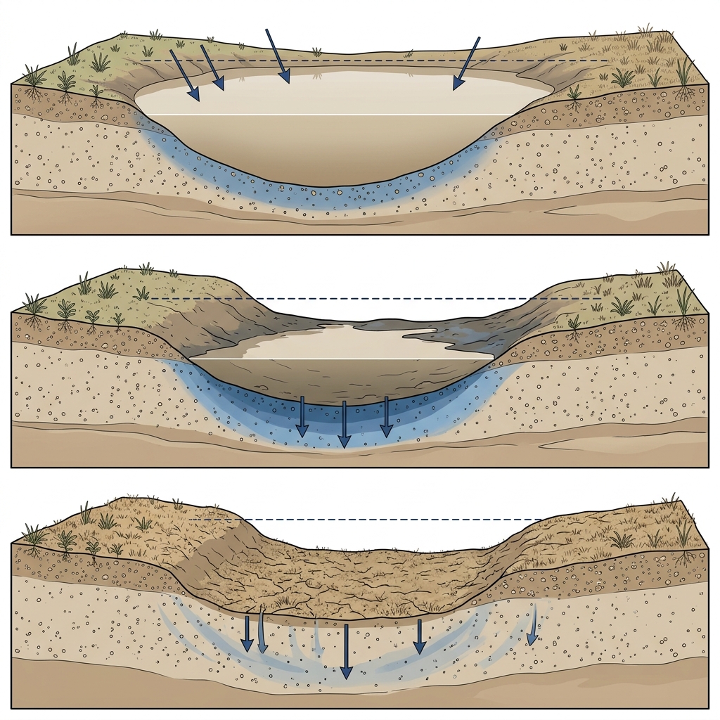 Three-panel progression showing depression filled with water after rain, partially drained, and dry again