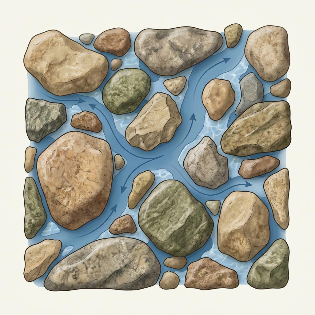 Macro illustration of large irregular sand mineral grains with broad connected pore spaces between particles