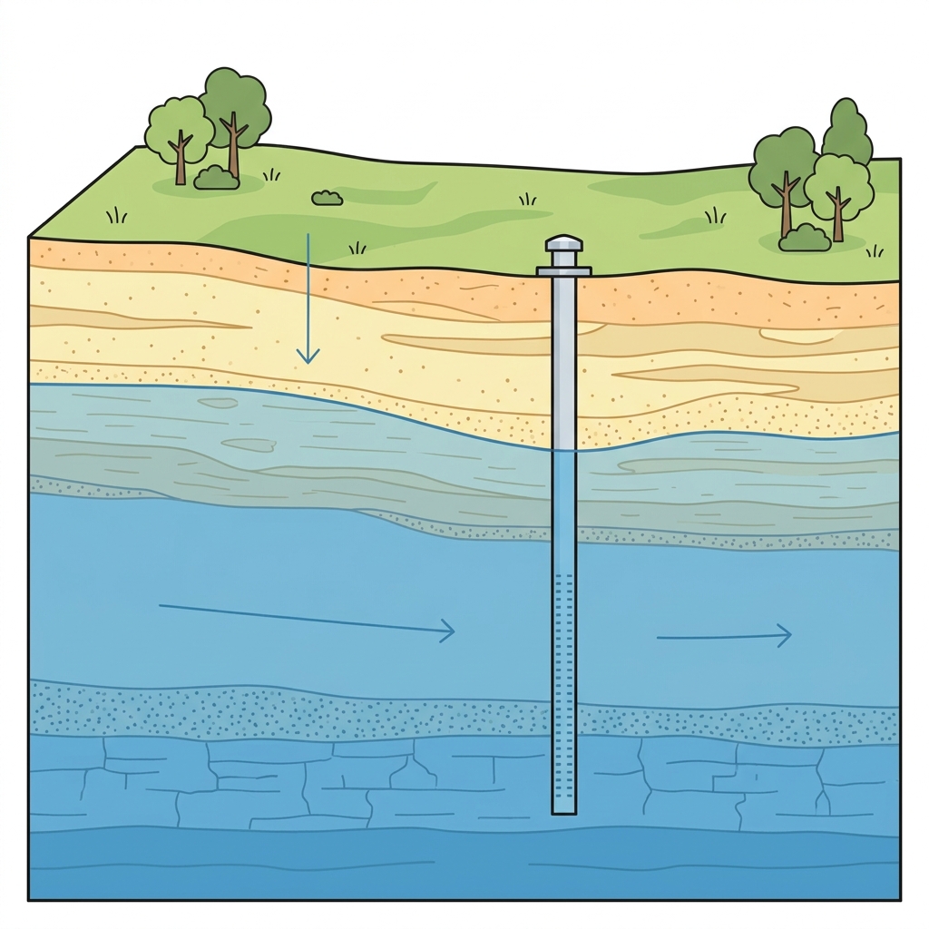 Cross-section showing a broad continuous saturated groundwater zone rising from below across the full profile