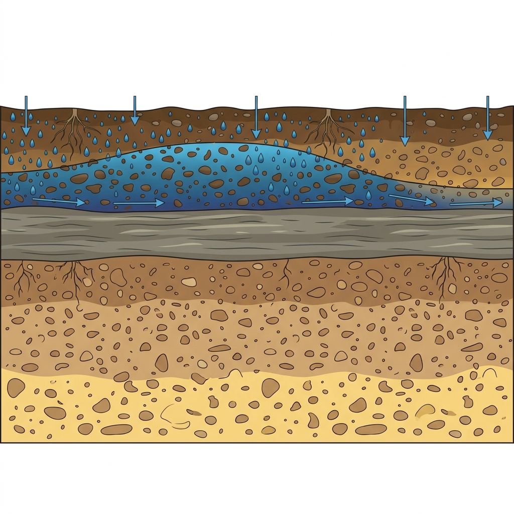 Cross-section showing a shallow perched water lens resting above a clay hardpan while deeper subsoil remains unsaturated