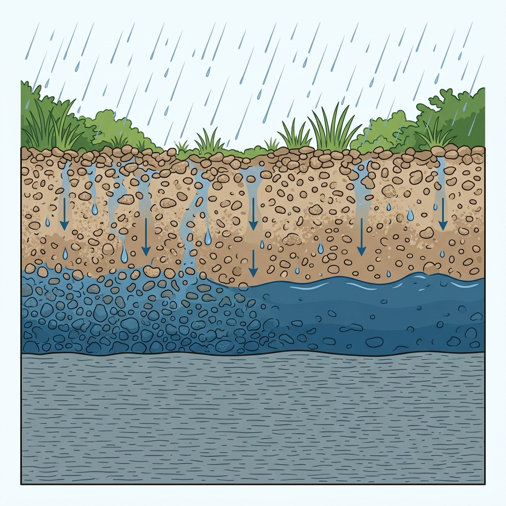 Cross-section of upper soil showing rainwater percolating downward until it reaches a dense restrictive claypan layer